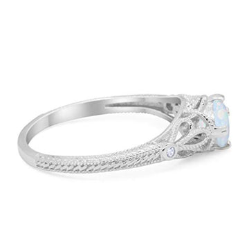 Vintage Design Solitaire Engagement Ring Lab Created White Opal 925 Sterling Silver